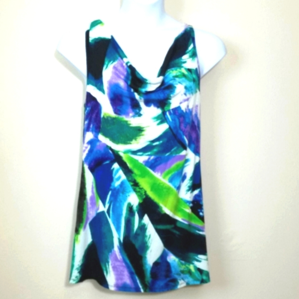 Tunic Top Palm Leaf Print racer back Marine Blue Aqua Purple On White Coquette